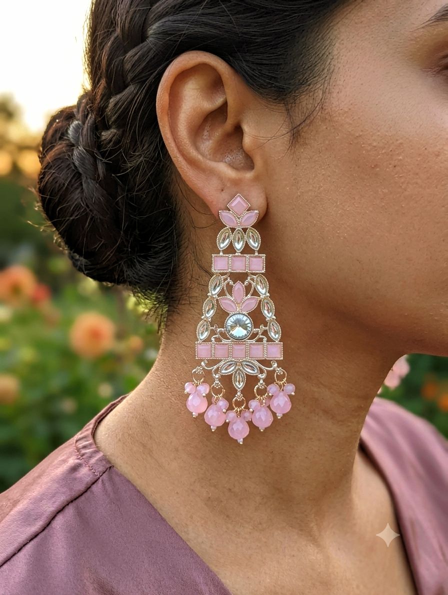 Light Pink Kundan Chandelier Earring