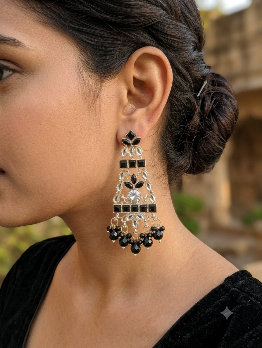 Regal Black Gem & Kundan Chandelier Earring