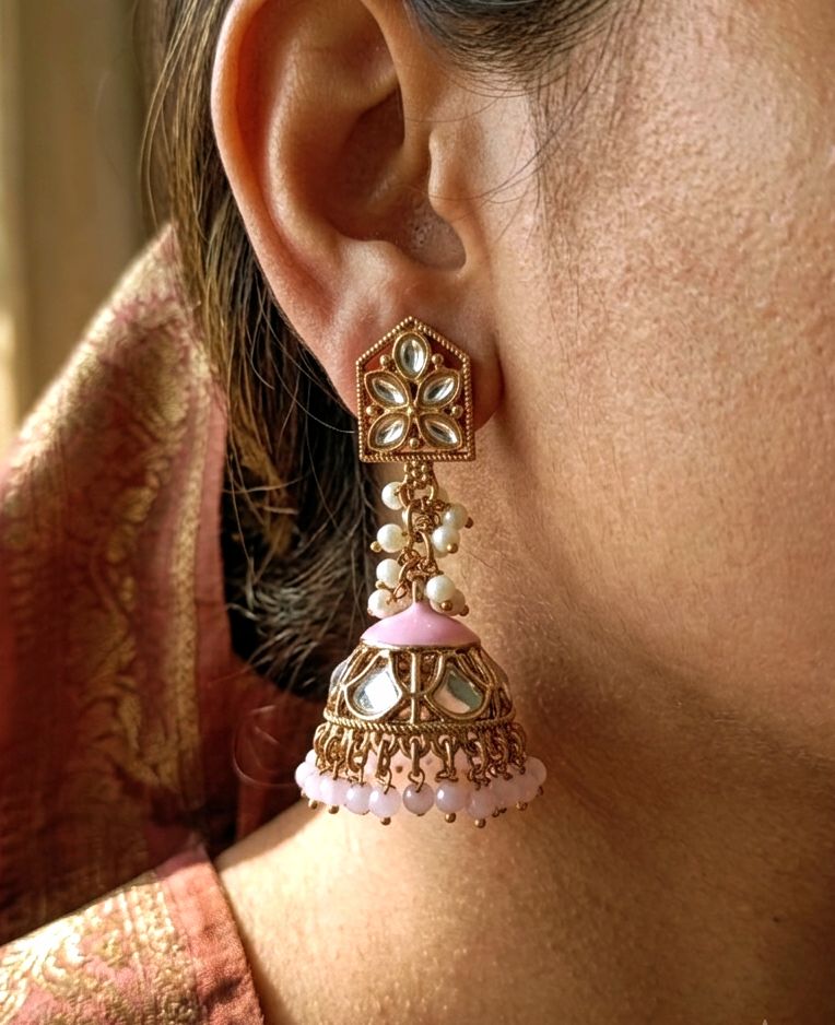 Pink Enamel Kundan Jhumka Earring