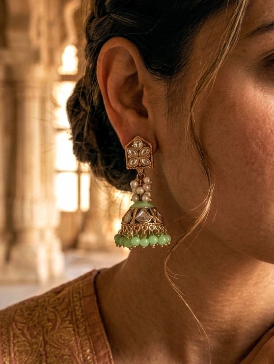 Light Green Enamel Kundan Jhumka Earring