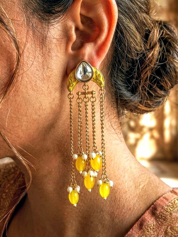 Yellow Enamel Crescent Chain Dangle Earring