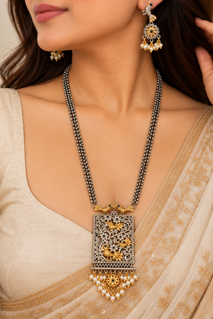 Antique Bird Motif Long Necklace with Earring Set