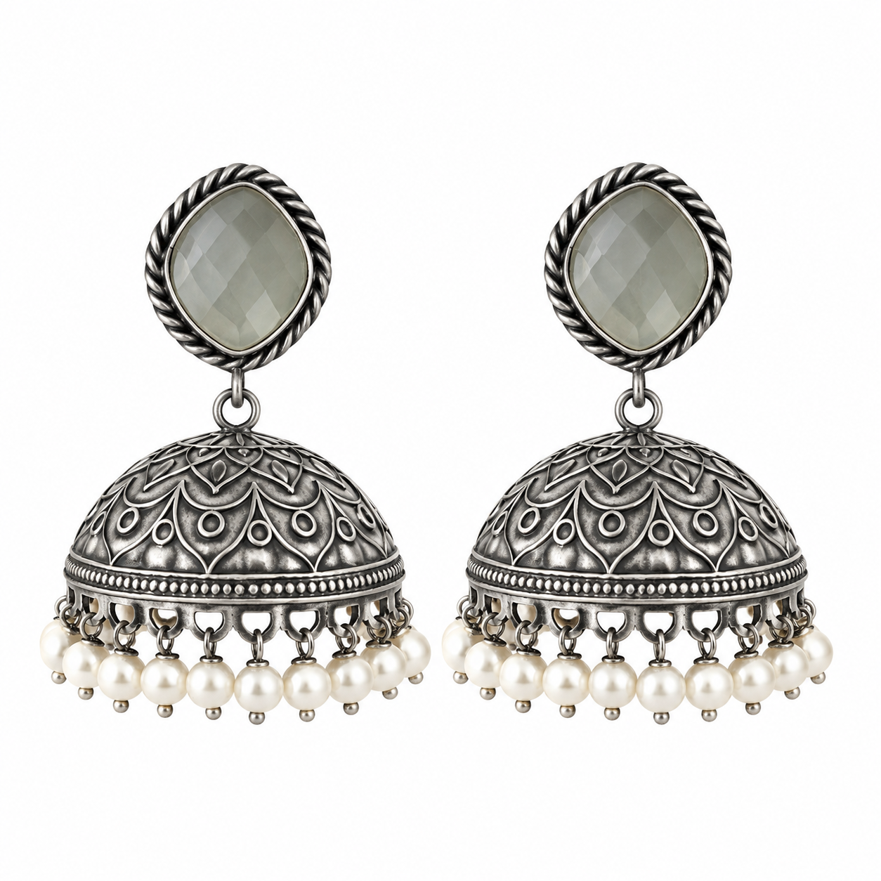 Antique Silver Jhumka Earring with Pearl Fringe