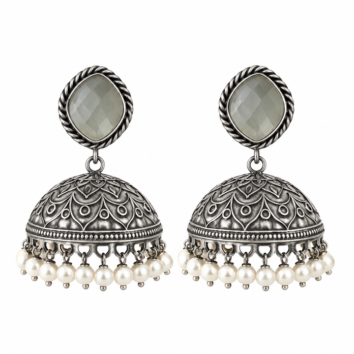 Antique Silver Jhumka Earring with Pearl Fringe