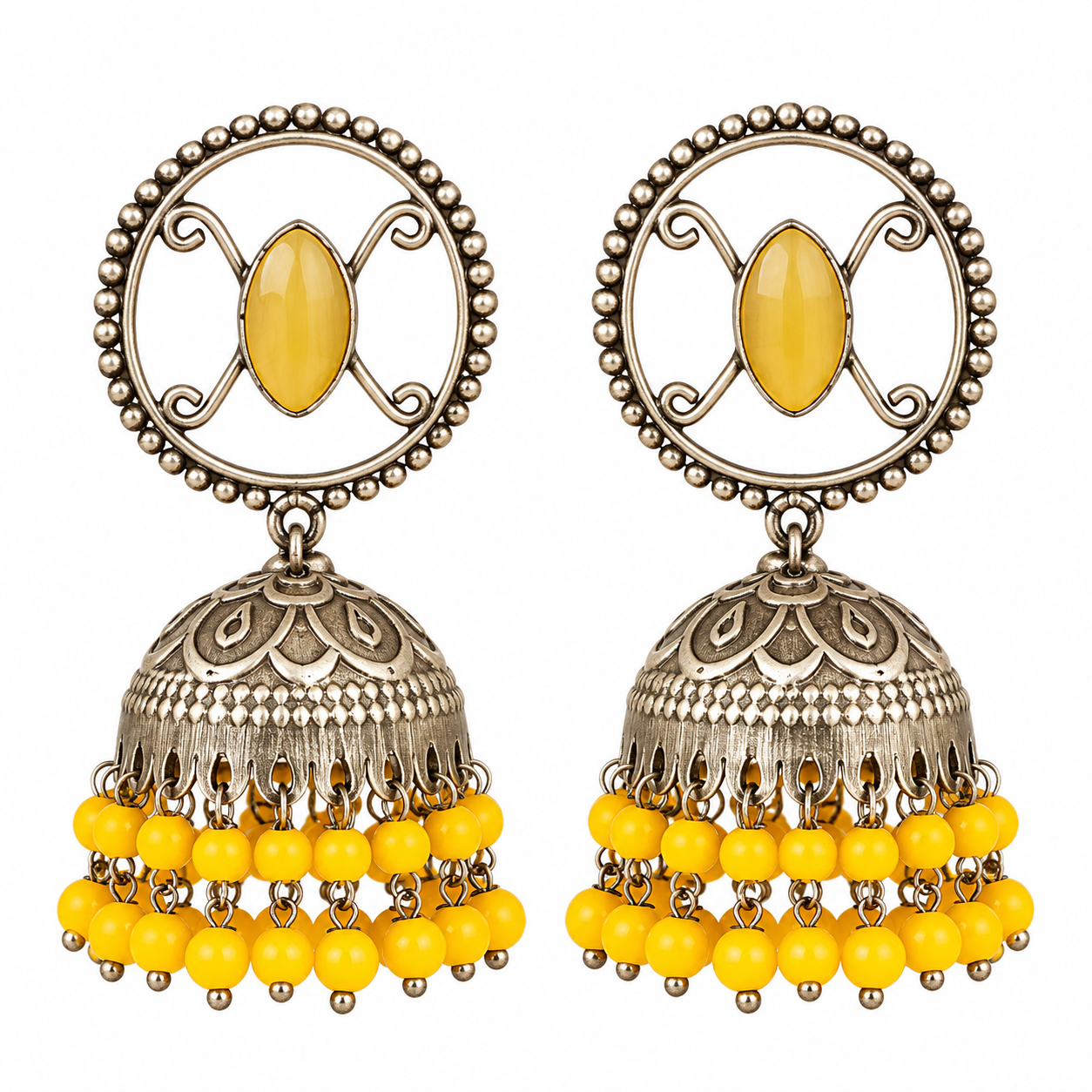 Antique Silver and Yellow Jhumka Earring