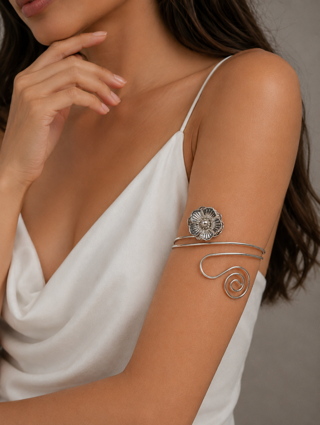 Vintage Flower & Swirl Silver Upper Arm Cuff
