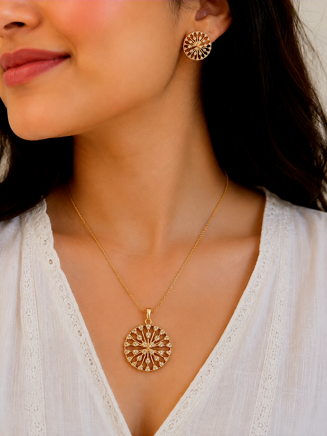 Elegant Gold Round Floral Crystal Pendant & Earrings Set