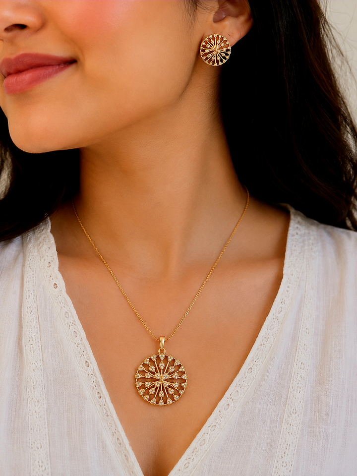 Elegant Gold Round Floral Crystal Pendant & Earrings Set