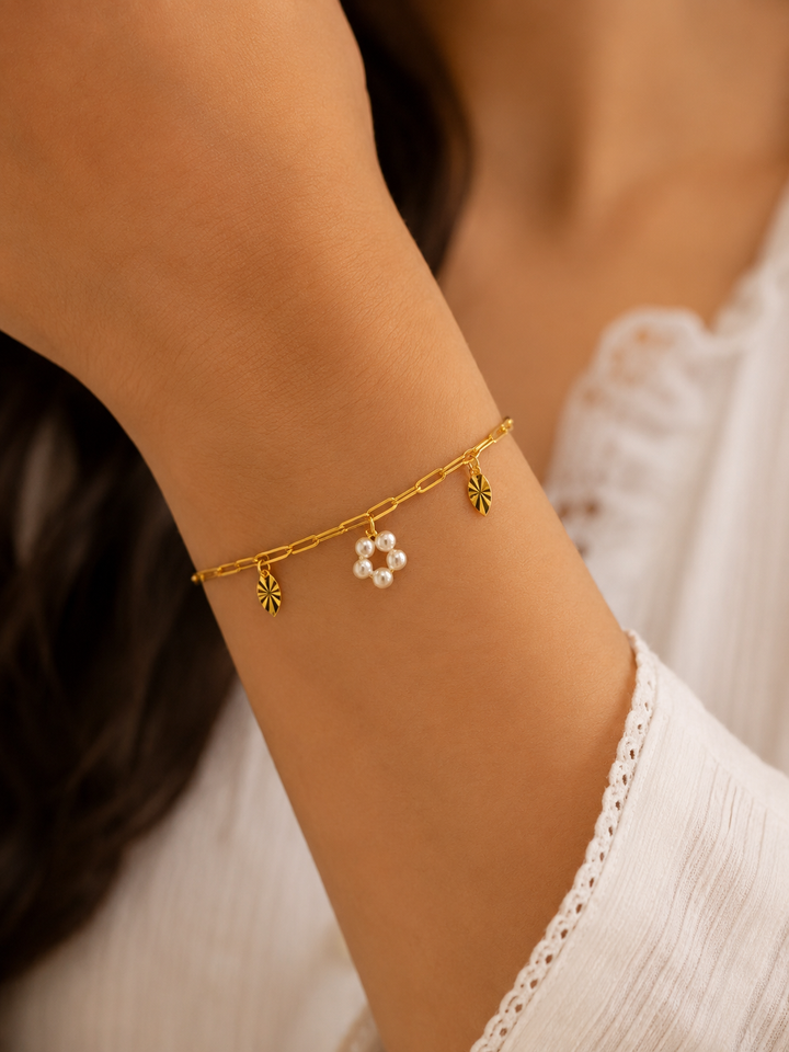 Pearl Leaf Charm Bracelet