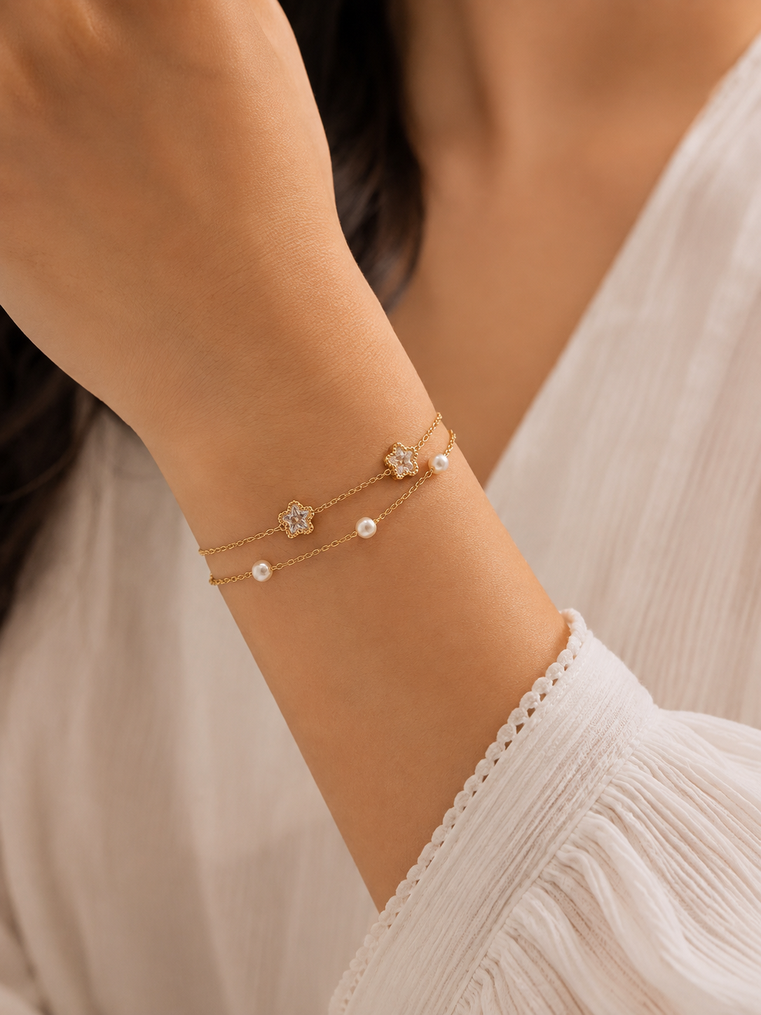Crystal Star & Pearl Layered Gold Bracelet