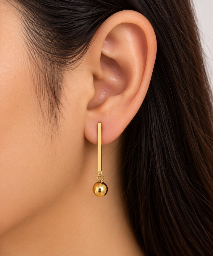 Minimalist Gold Bar and Ball Dangler Earring