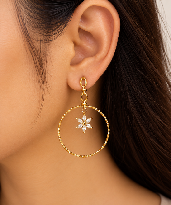 Elegant Gold Hoop with Floral Charm Earring