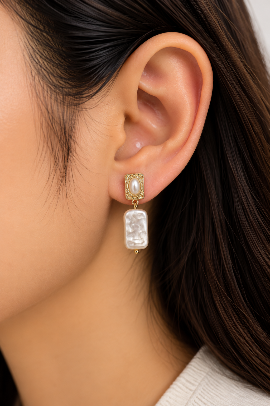 Vintage Pearl Rectangle Drop Earring