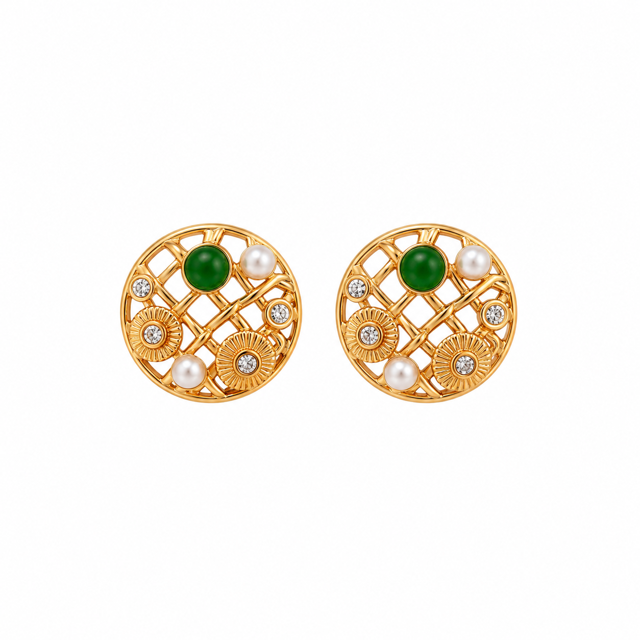 Emerald Pearl Mosaic Gold Stud Earring
