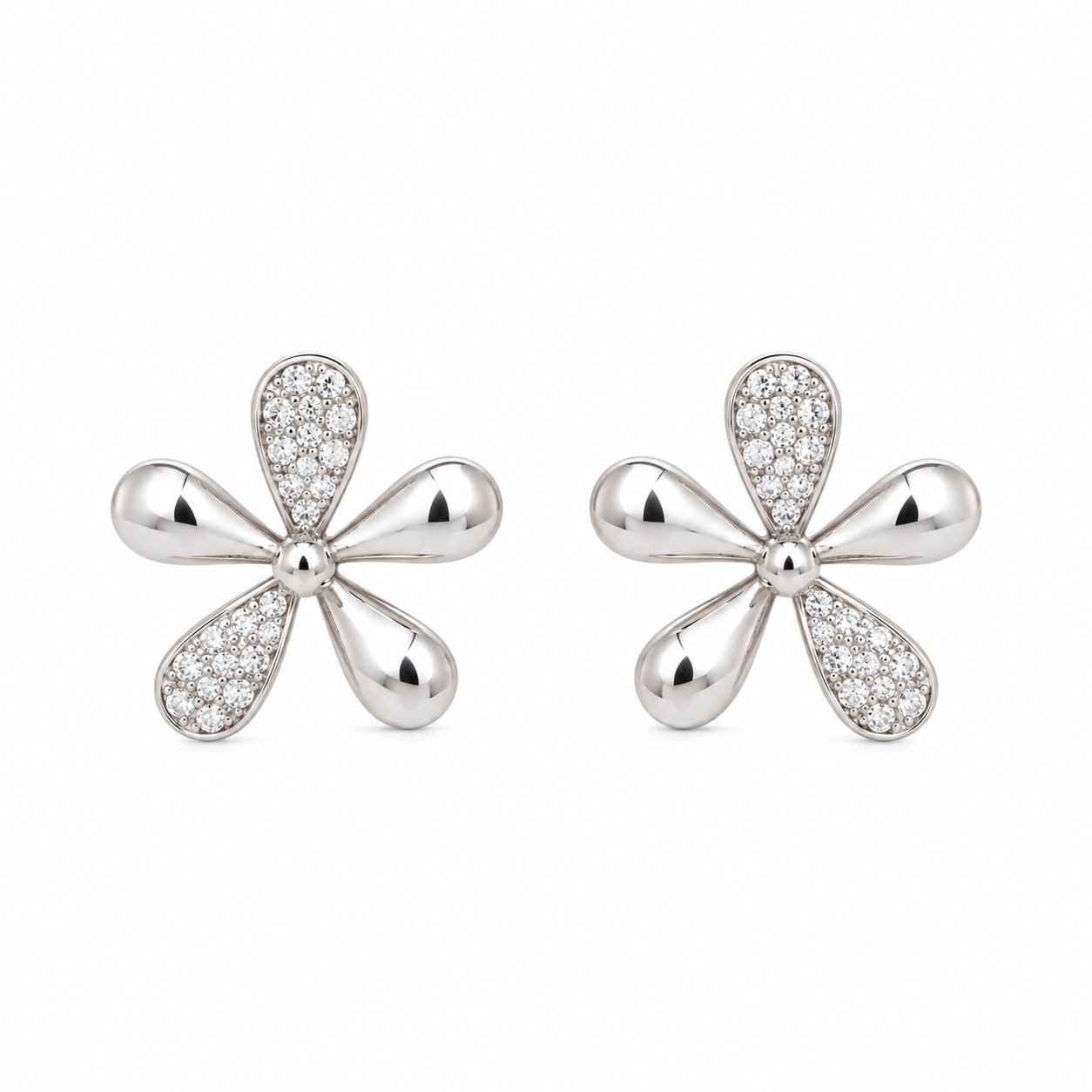 Silver Sparkle Five-Petal Floral Stud Earring