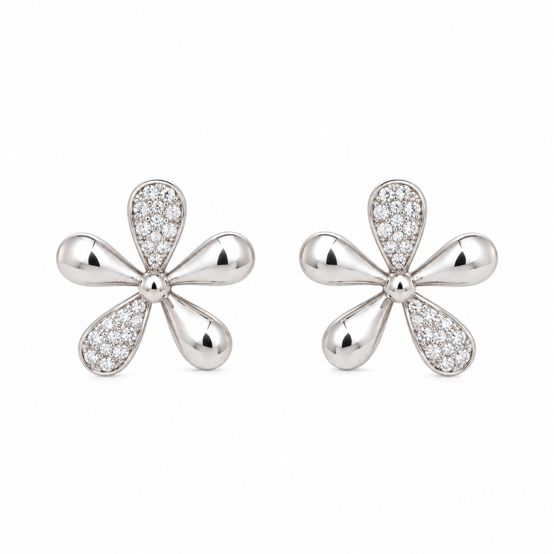 Silver Sparkle Five-Petal Floral Stud Earring