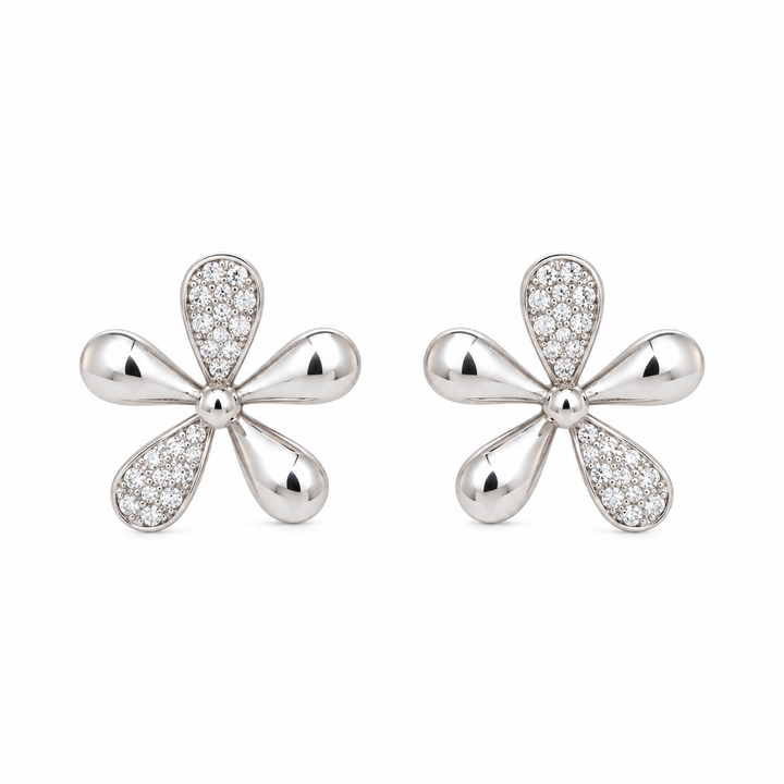 Silver Sparkle Five-Petal Floral Stud Earring