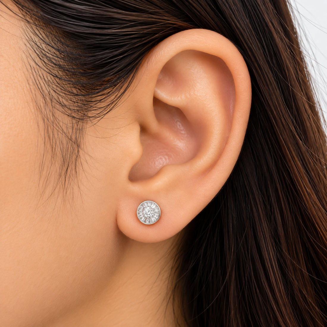 Radiant Baguette Halo Stud Earring