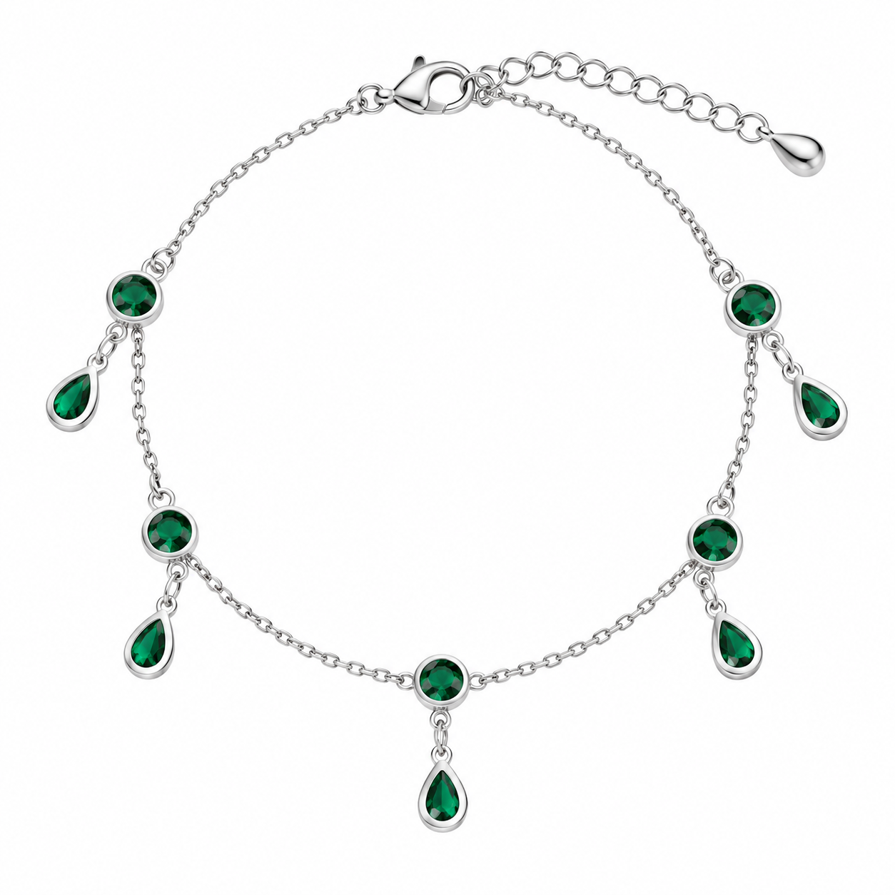 Tear Drop Green Silver Anklet