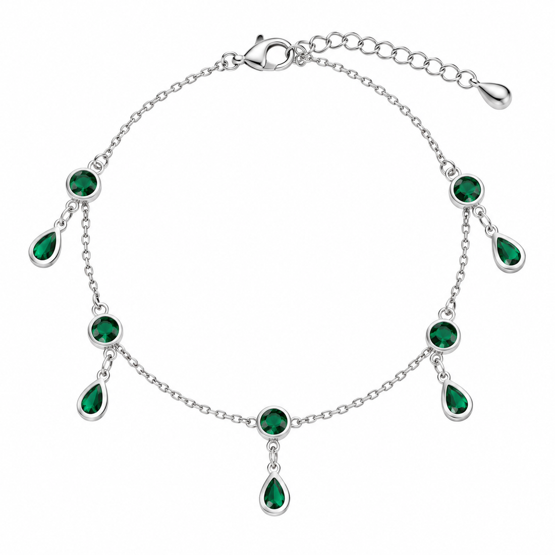 Tear Drop Green Silver Anklet