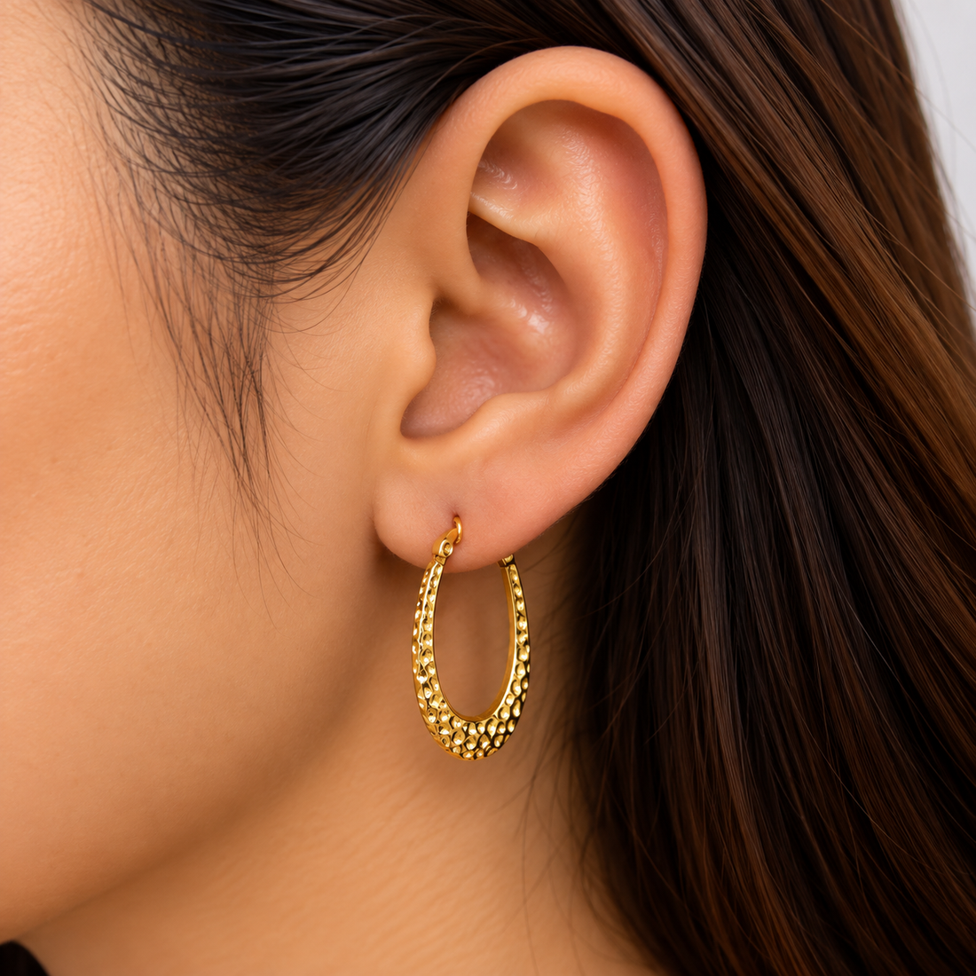Hammered Texture Gold Oval Hoop Earring