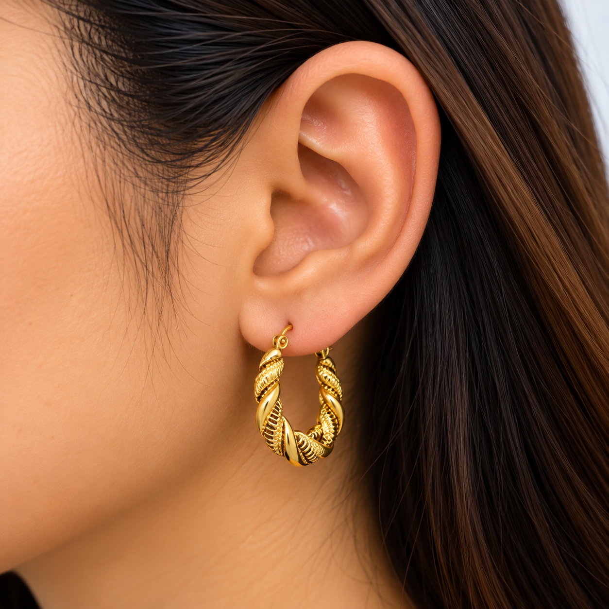Sculpted Rope Twist Gold Hoop Earring