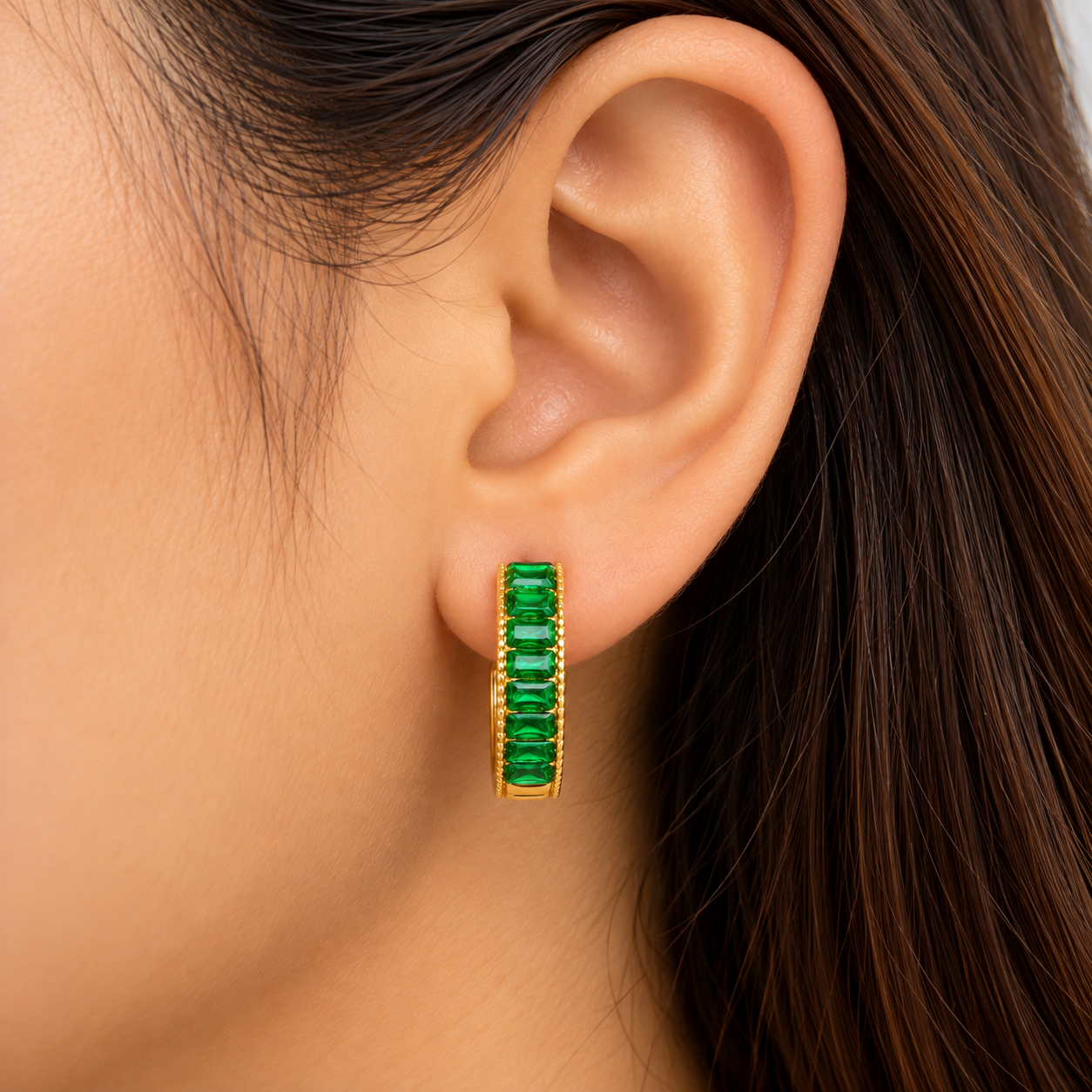 Emerald Baguette Gold Hoop Earring