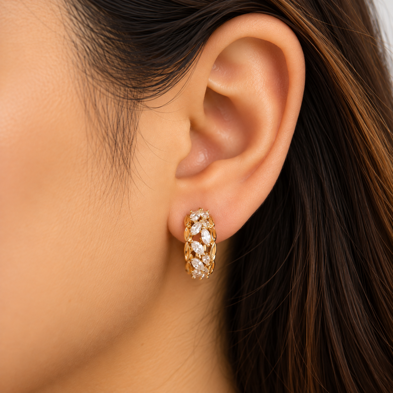 Crystal Leaf Vine Gold Hoop Earring