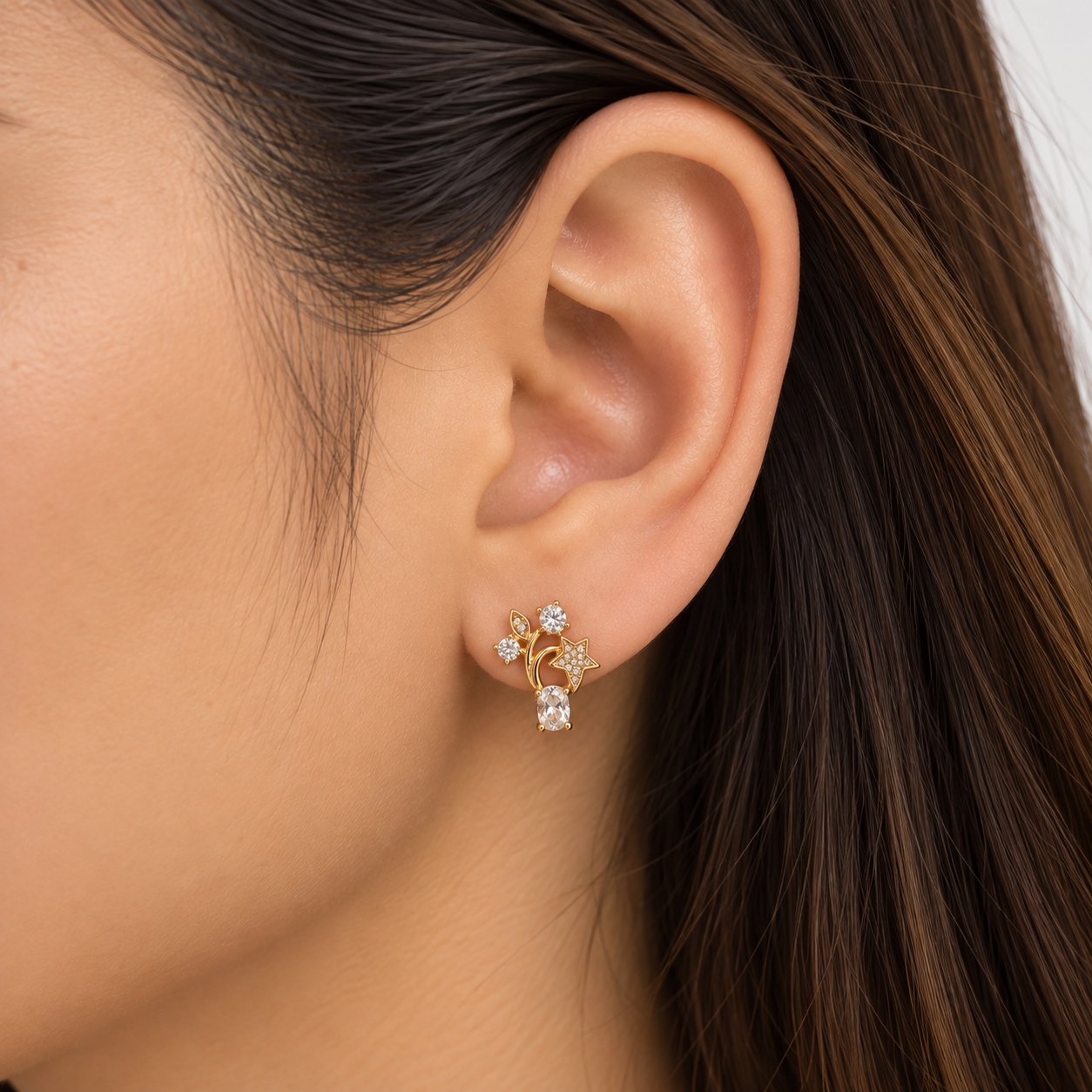 Celestial Star & Moon Crystal Stud Earring