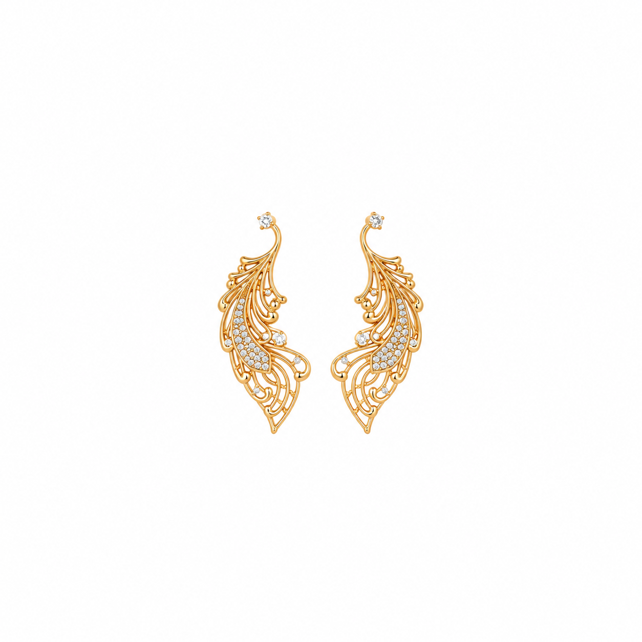 Crystal Feather Vine Gold Drop Earring
