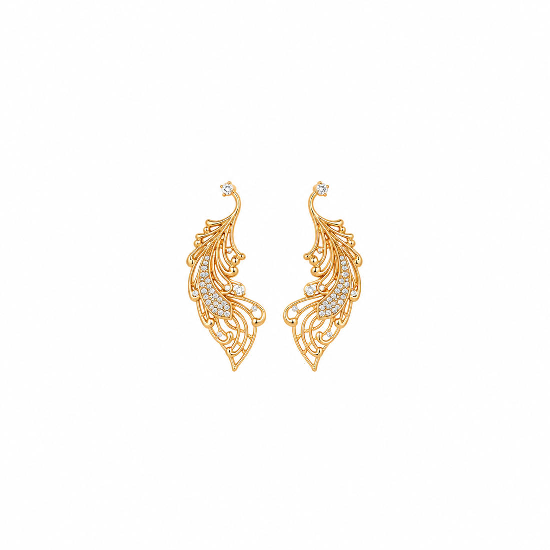 Crystal Feather Vine Gold Drop Earring