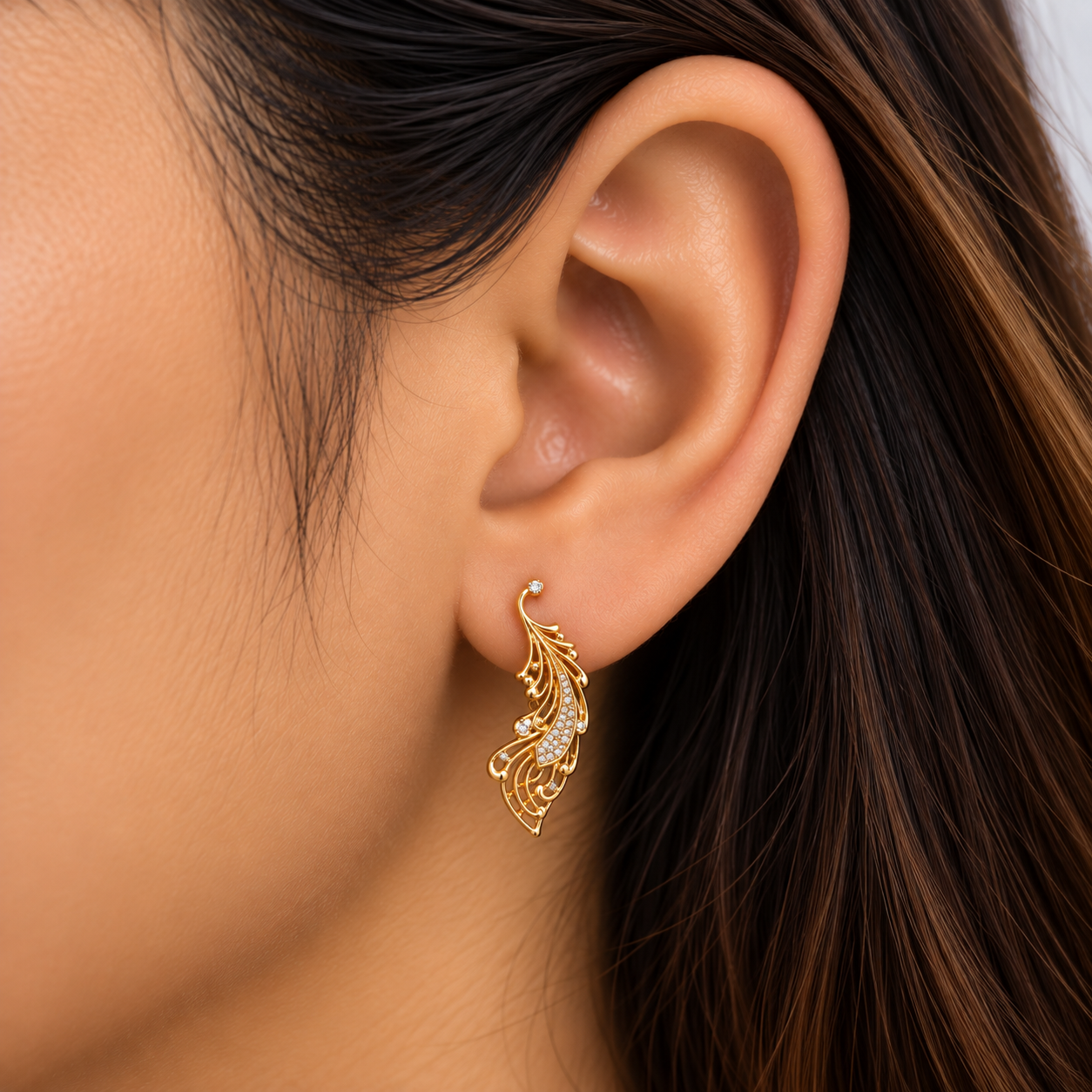 Crystal Feather Vine Gold Drop Earring