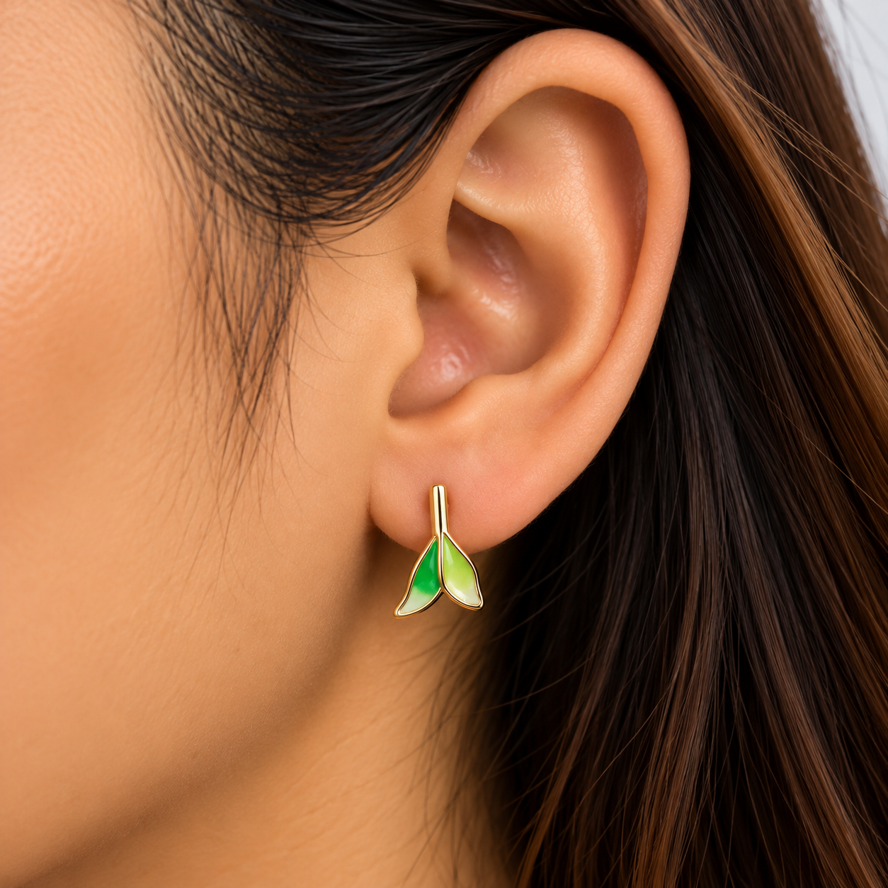 Green Enamel Leaf Gold Stud Earring