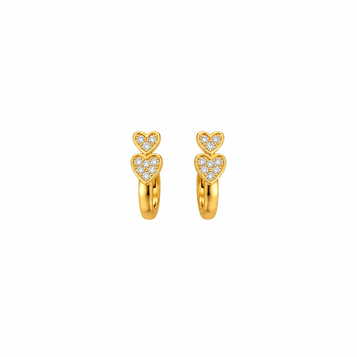 Double Heart Crystal Gold Huggie Hoop Earring