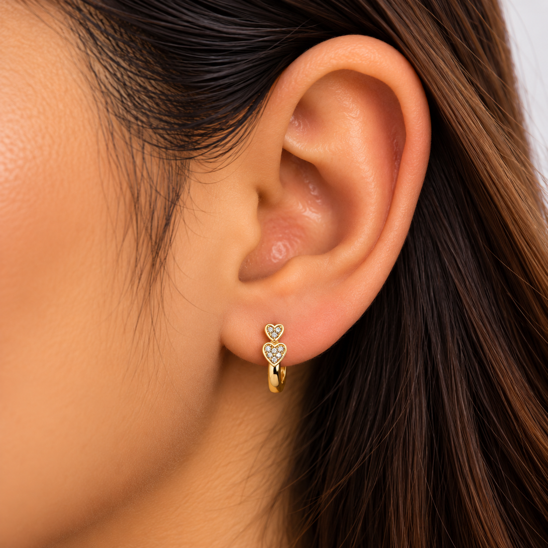 Double Heart Crystal Gold Huggie Hoop Earring