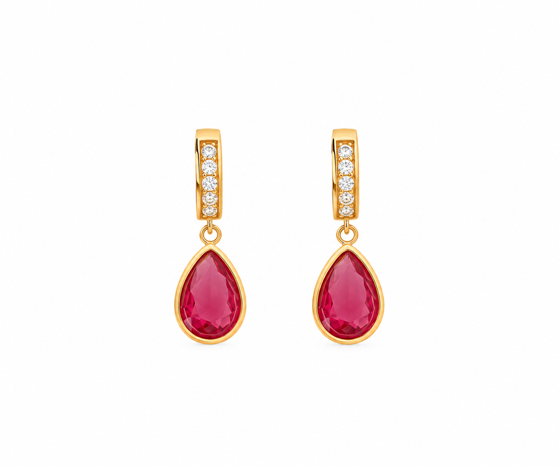Ruby Teardrop Crystal Hoop Earring