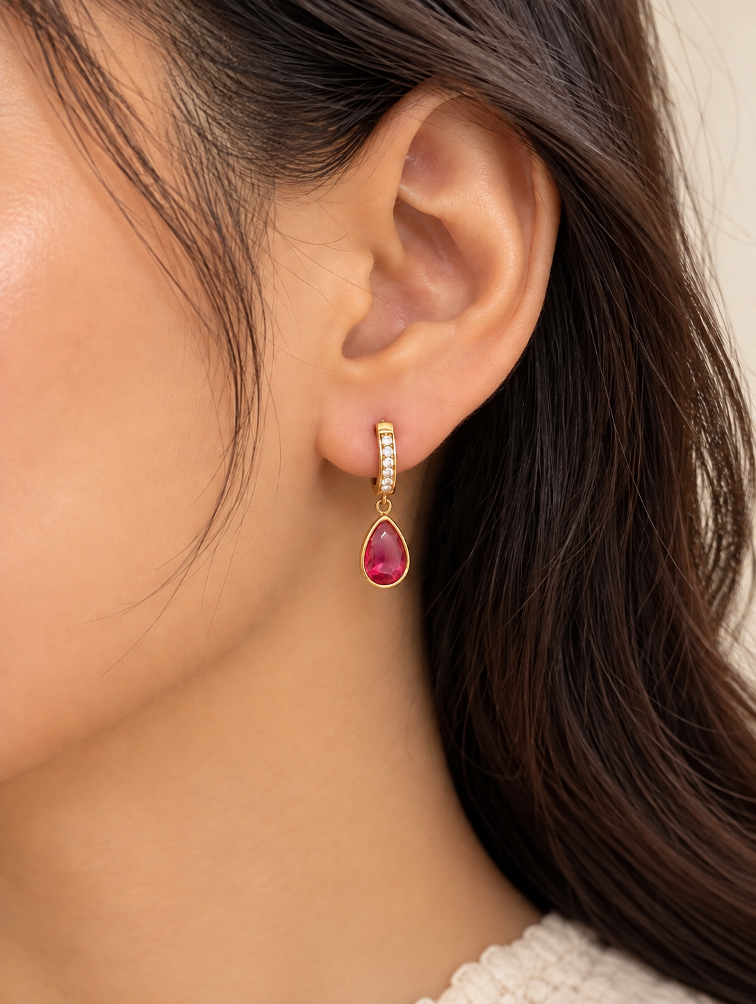 Ruby Teardrop Crystal Hoop Earring