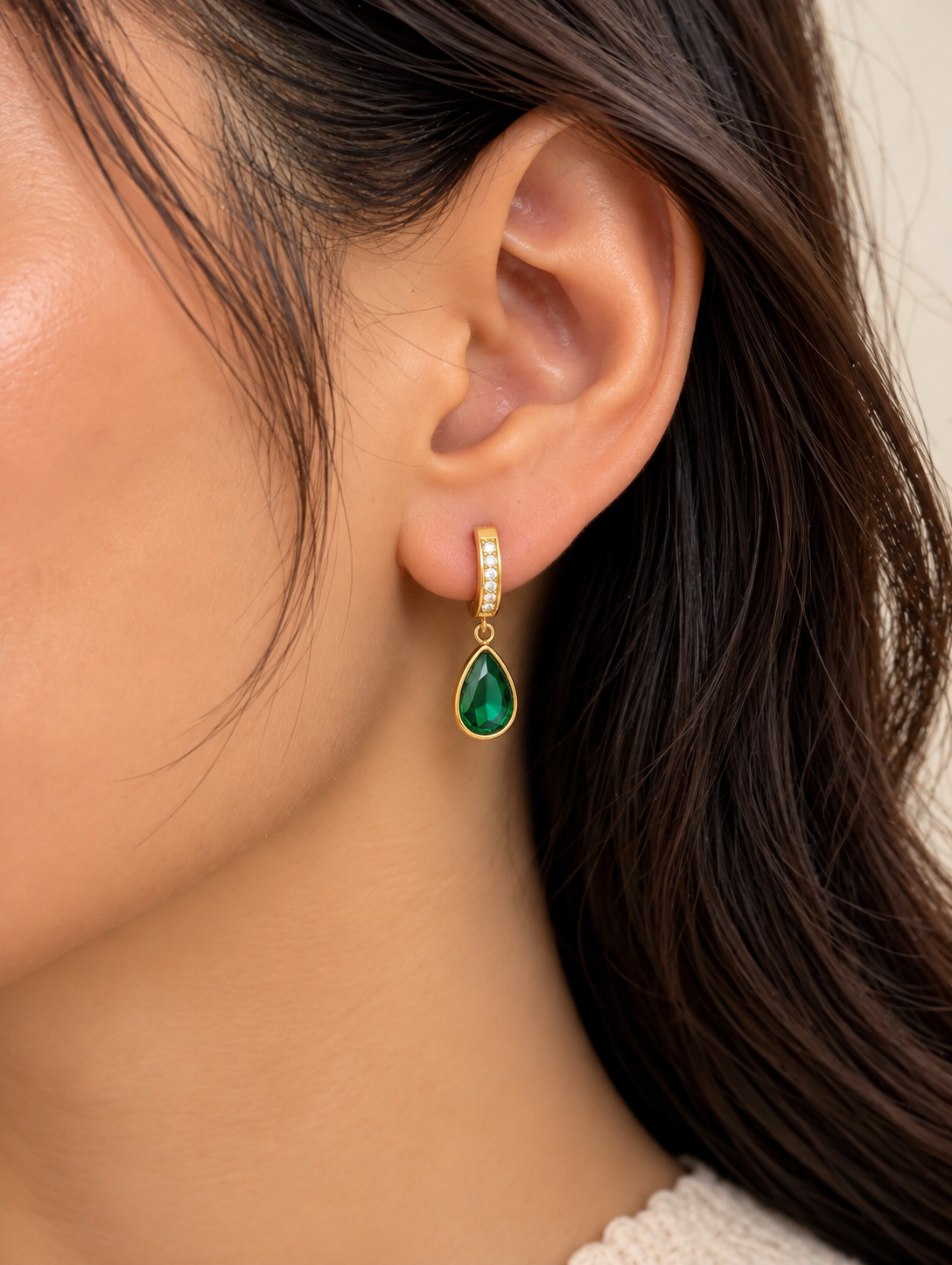 Emerald Teardrop Crystal Hoop Earring