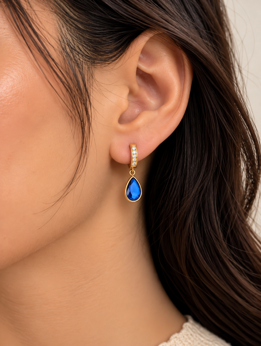 Sapphire Blue Teardrop Crystal Hoop Earring