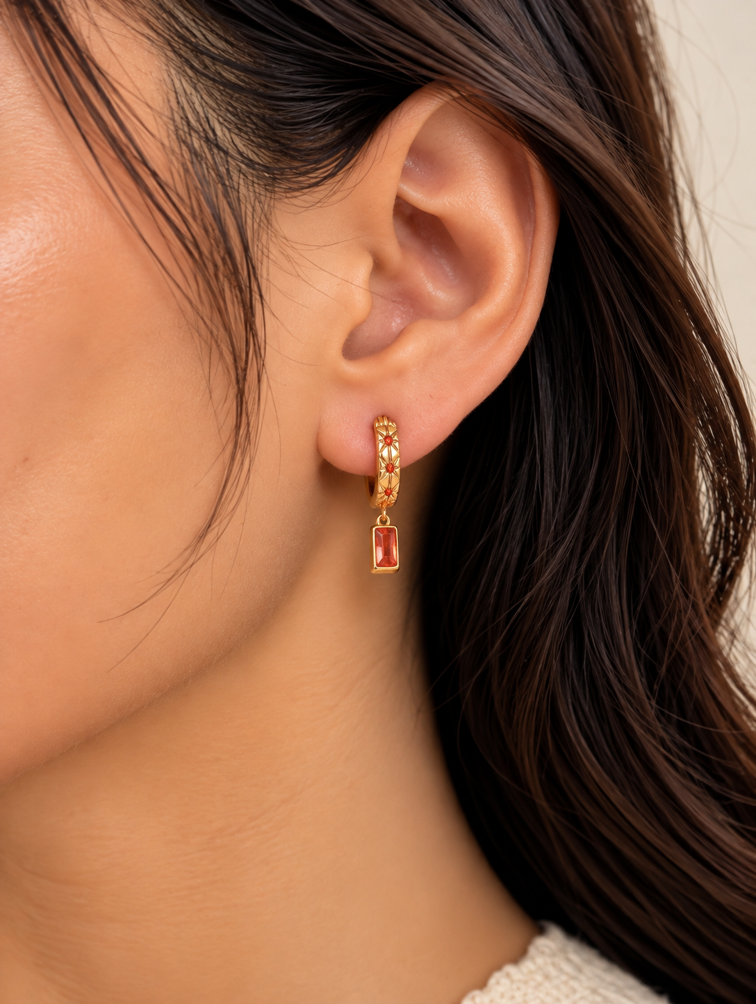 Tangerine Rectangular Charm Hoop Earring
