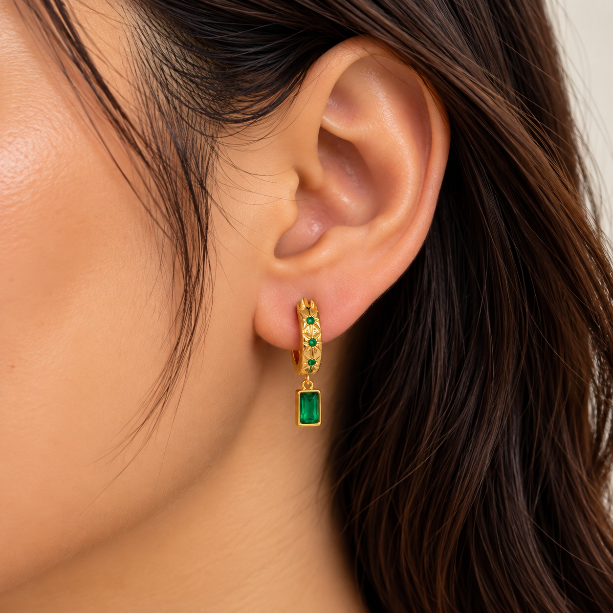 Emerald Rectangular Charm Hoop Earring