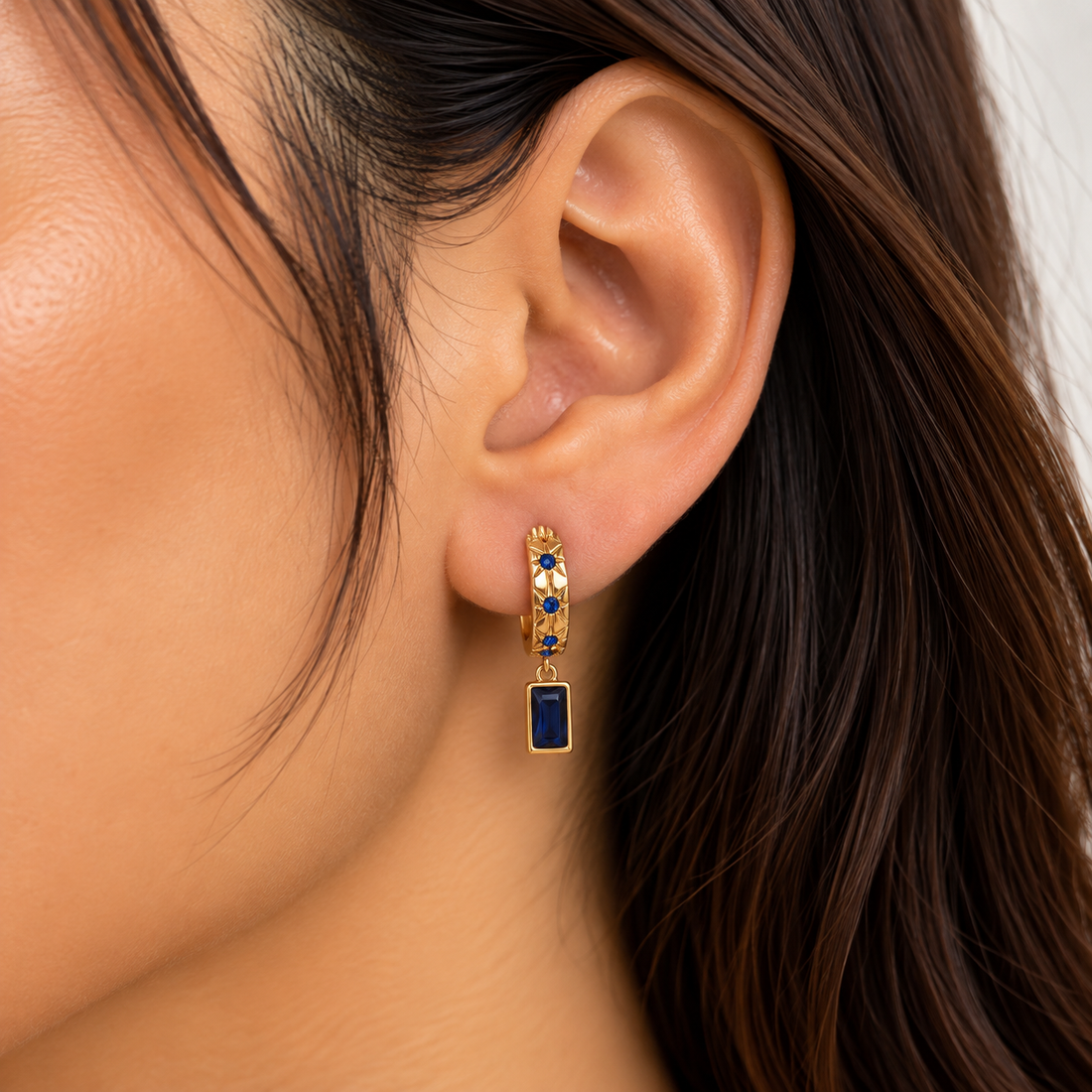 Sapphire Rectangular Charm Hoop Earring