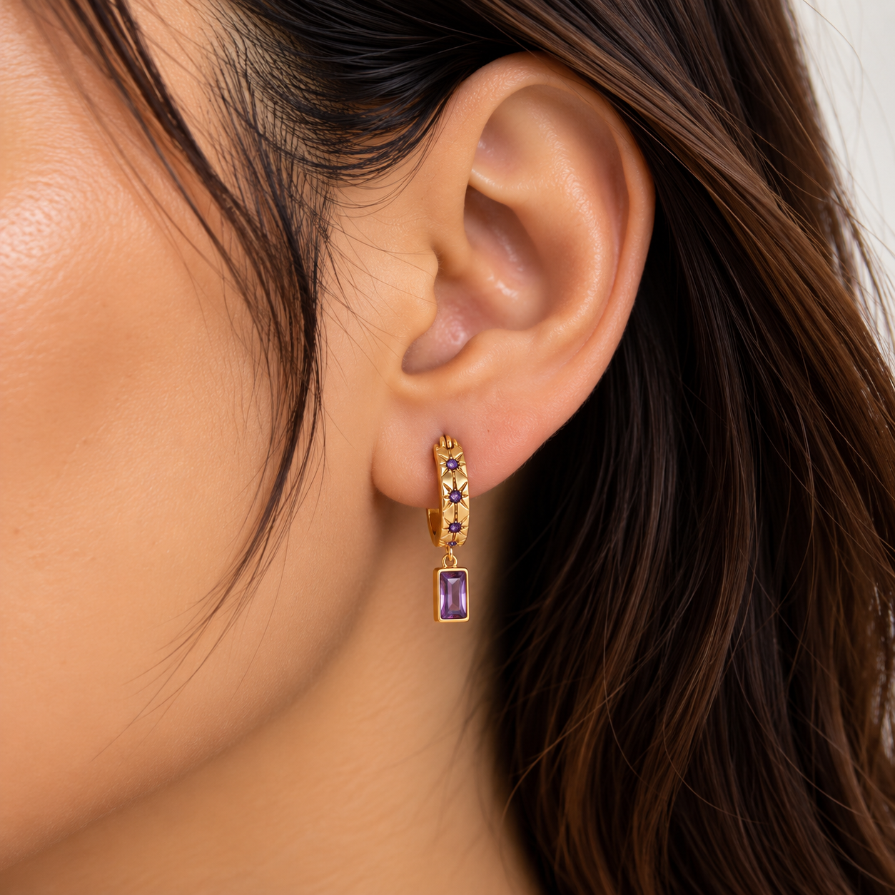 Amethyst Rectangular Charm Hoop Earring