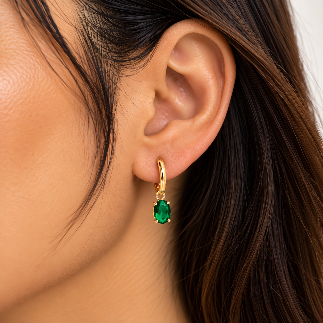 Emerald Oval Drop Hoop Earring