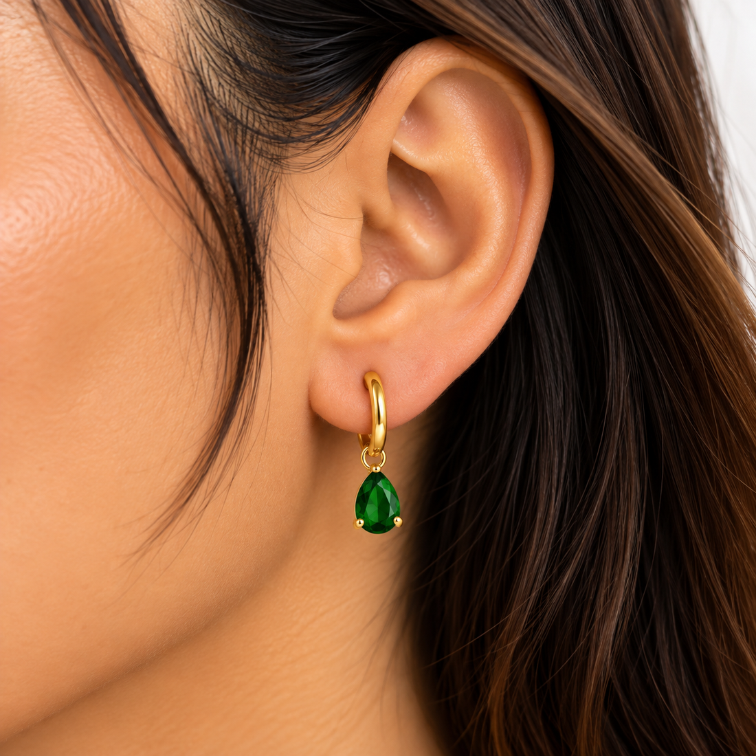 Emerald Teardrop Drop Hoop Earring