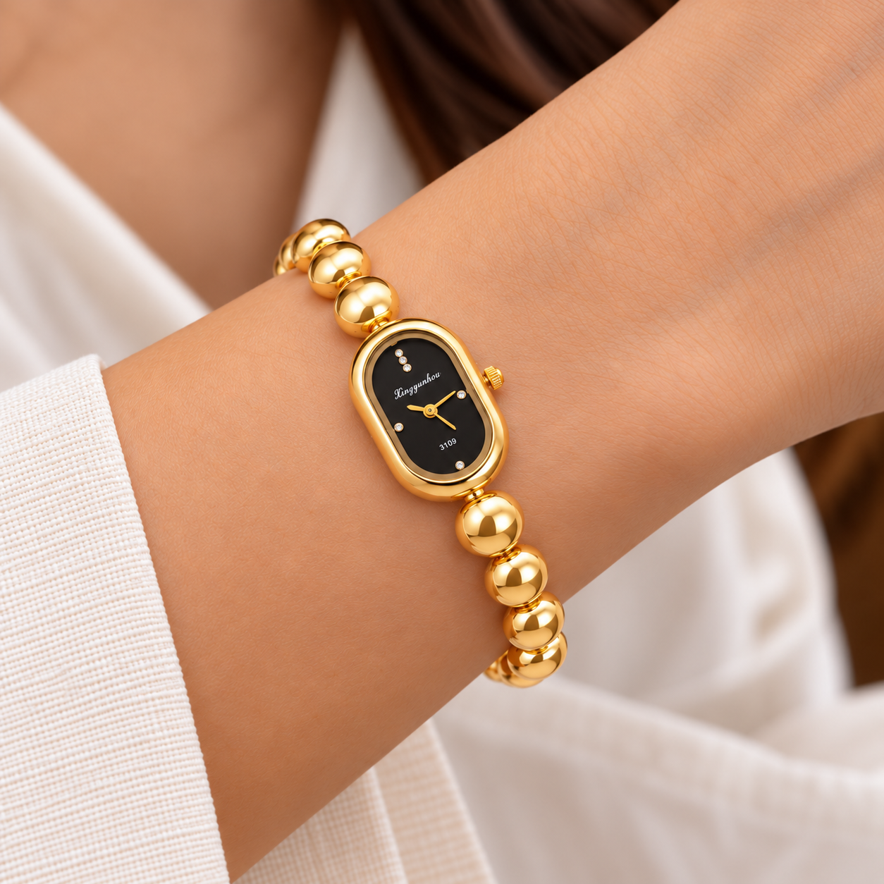 Golden Beaded Black Dial Bracelet Watch
