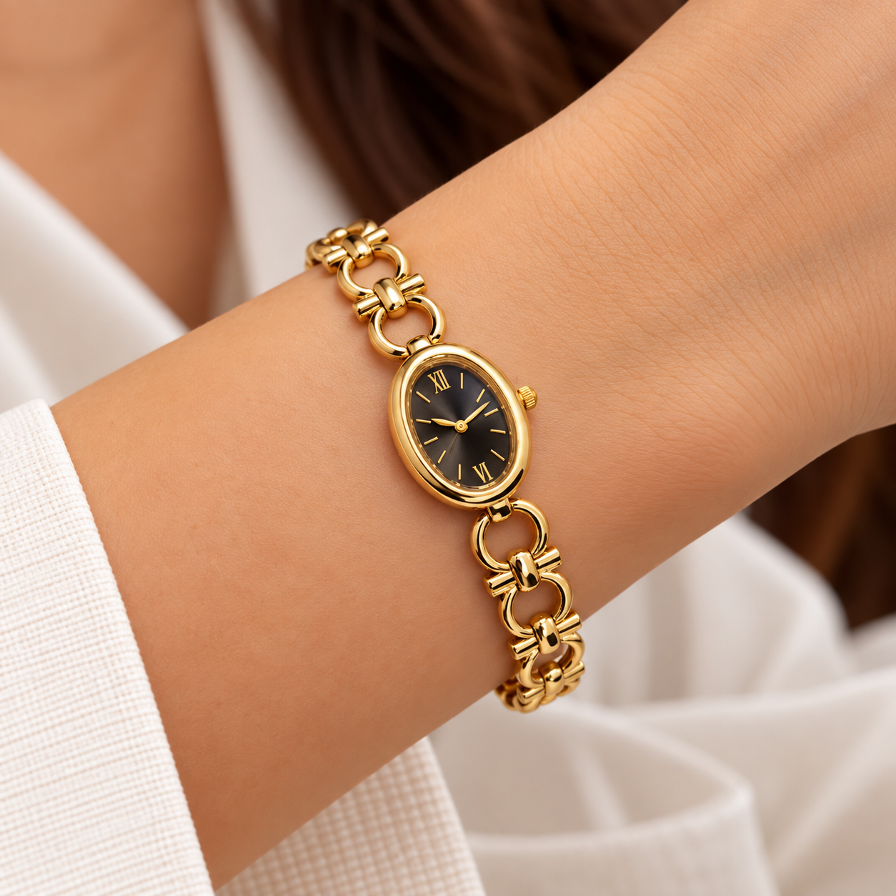 Golden Roman Link Oval Dial Bracelet Watch