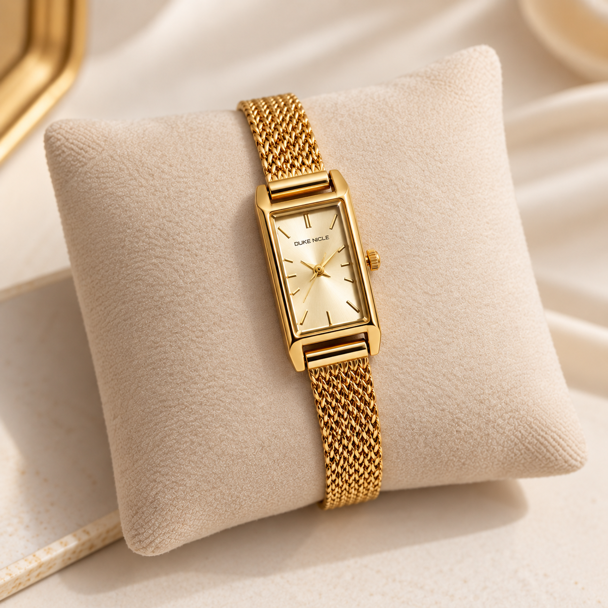 Golden Rectangular Mesh Strap Watch