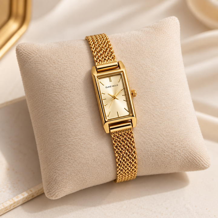Golden Rectangular Mesh Strap Watch