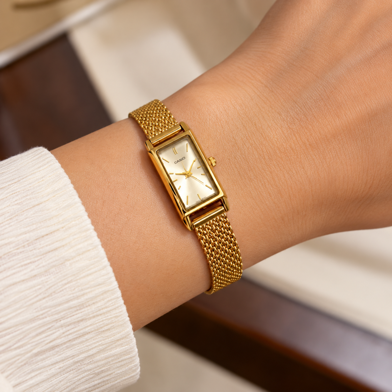 Golden Rectangular Mesh Strap Watch